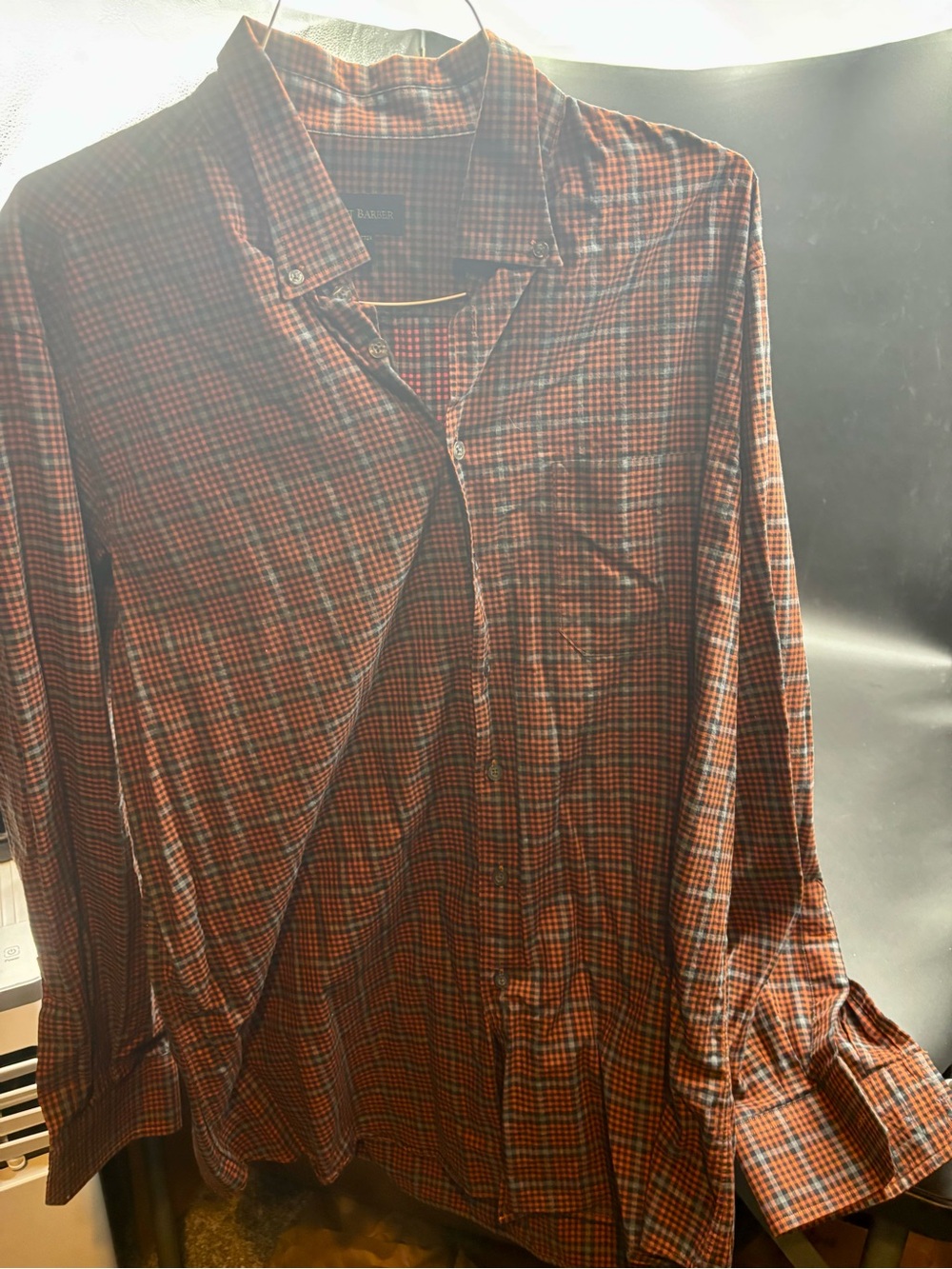 Scott Barber Men’s Orange Plaid Button Up Sport Shirt Cotton XL Great Condition